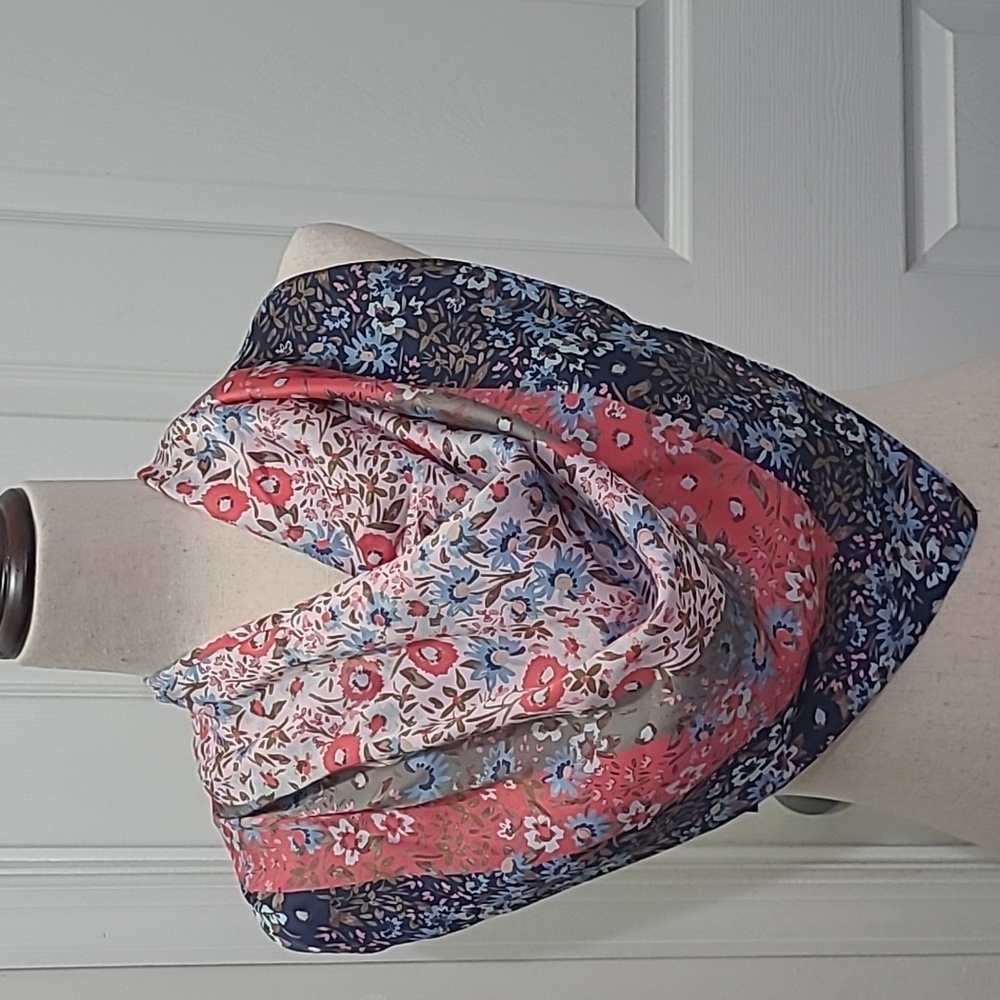 Cejon Floral Patterned Square Scarf - Blue and Orange-Pink